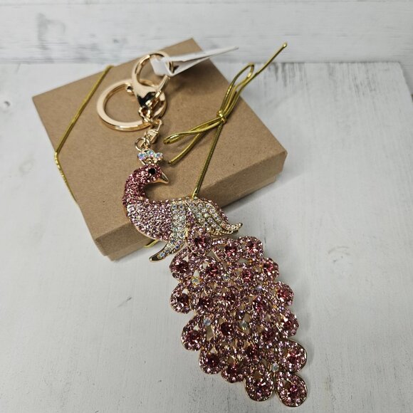 ASkinds 3Pcs Peacock Crystal Rhinestone Alloy Metal Keychain  Large pink Rhinestone Peacock Bag Charm or Key Chain